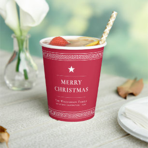 Gobelets En Papier Personnalisé Nom de famille Élégant Red Christmas 