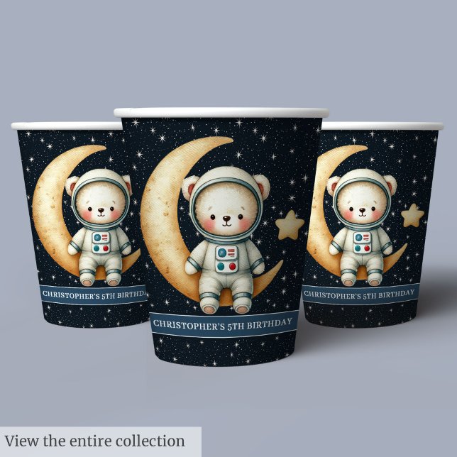 Gobelets En Papier Petit Anniversaire Coupes de la soirée spatiale Te (Boy Birthday Space Party Cups Teddy Bear Astronaut)