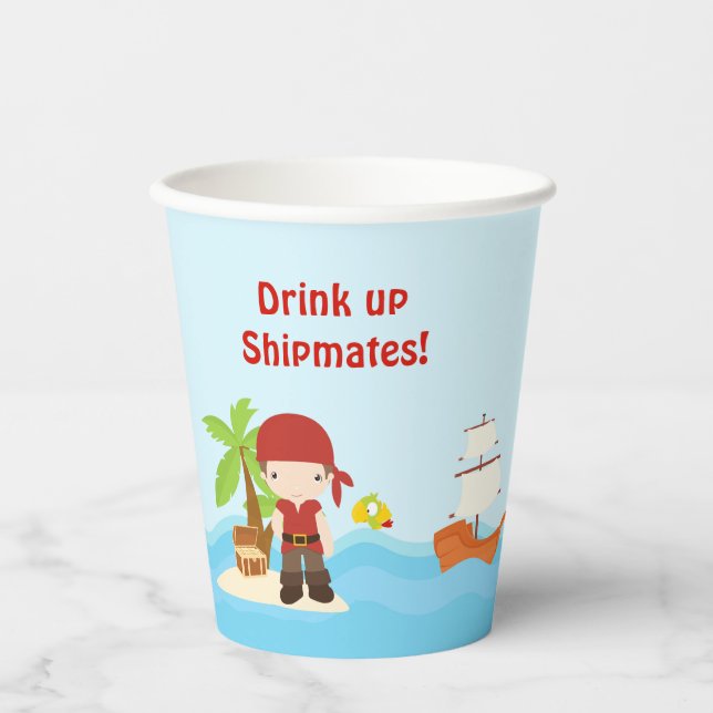 Gobelets En Papier Petit Brunette Pirate Boy en rouge Anniversaire (Recto)