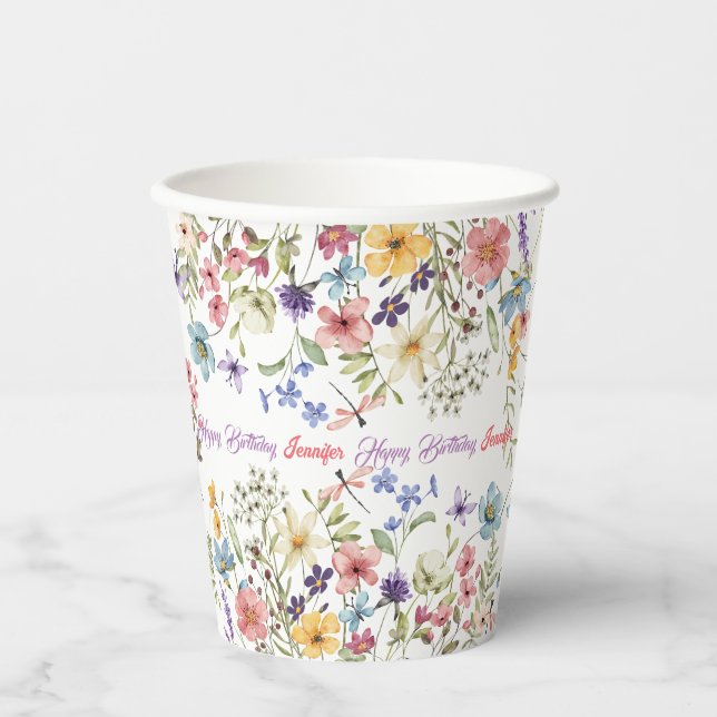 Gobelets En Papier Petite aquarelle Fleur sauvage vive Anniversaire (Recto)
