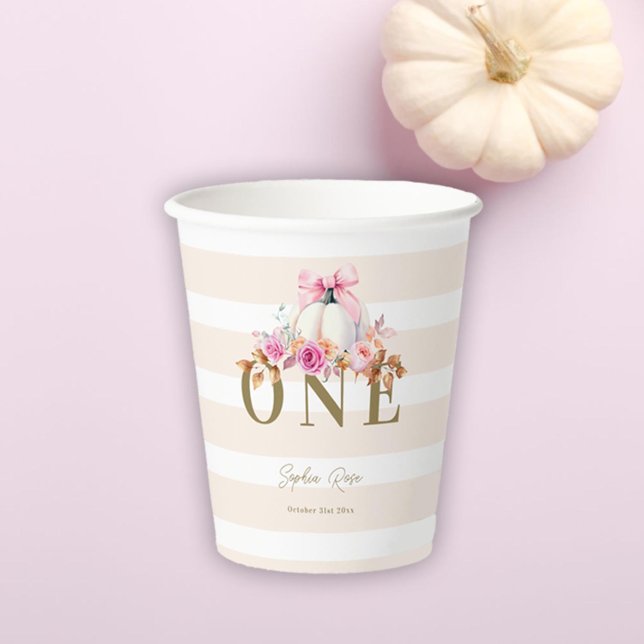 Gobelets En Papier Petite Citrouille Bow Roses 1er Anniversaire Éléga (little pumpkin pink bow girl baby shower paper cup personalized stripes first birthday)