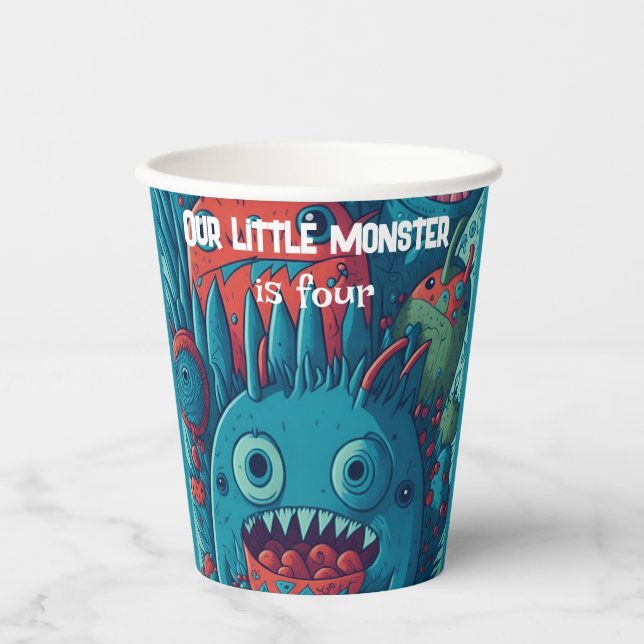 Gobelets En Papier Petite fête d'anniversaire monstre bleu rouge (Recto)