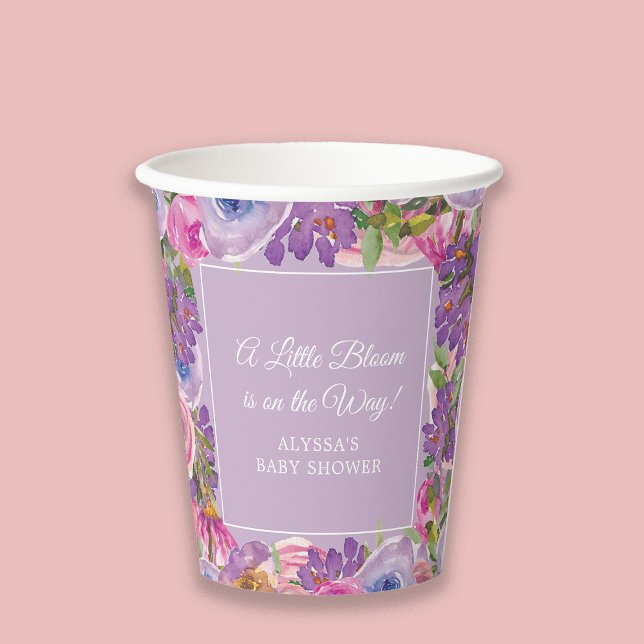 Gobelets En Papier Petite Fleur Purple Rose Floral Baby Girl Douche (Pink and purple watercolor floral "Little bloom" baby girl shower paper cup)