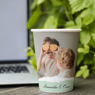 Gobelets En Papier Photo de famille moderne et nom personnalisé Monna
