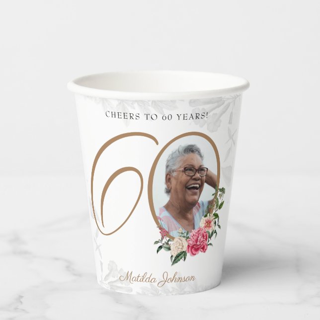 Gobelets En Papier Photo florale personnalisée 60e anniversaire White (Recto)