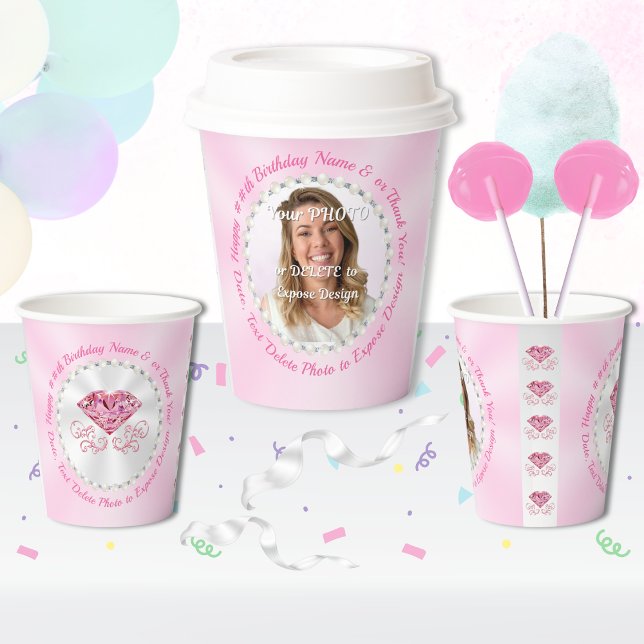 Gobelets En Papier Photo Personalized, Pink Birthday Paper Cups (Pink themed birthday party ideas. Personalized, pink paper cups with lids. Pink birthday party.)
