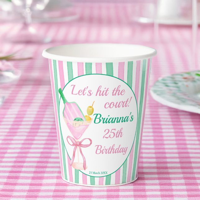 Gobelets En Papier Pickleball rose et vert fête d'anniversaire person (Pickleball pink and green birthday party personalized  paper cups  sports party supplies)