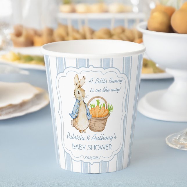 Gobelets En Papier Pierre lapin bleu poussiéreux rayures baby shower  (Peter rabbit dusty blue stripes baby shower monogrammed  paper cups personalized table decor)