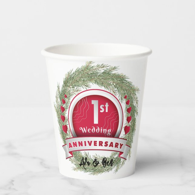 Gobelets En Papier Pine Aigle Wreath Rouge 1er anniversaire Mariage (Recto)