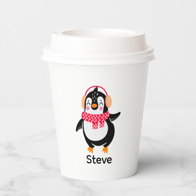 Gobelets En Papier Pingouin de Noël Jolly en écharpe avec des bouffée (Verso)