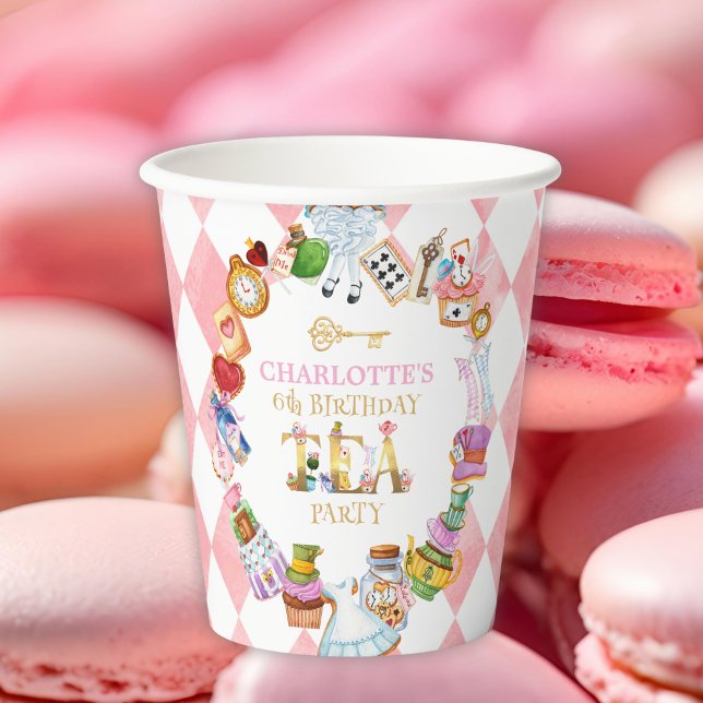 Gobelets En Papier Pink Alice in Wonderland 6th birthday (Créateur téléchargé)