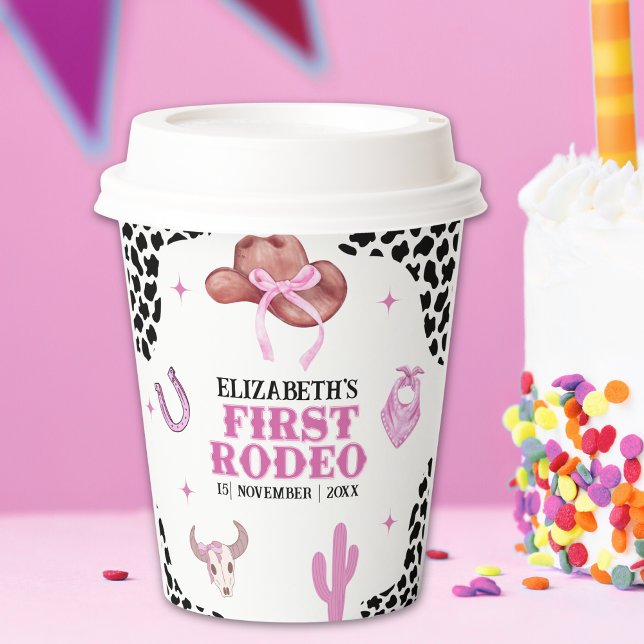 Gobelets En Papier Pink & Black Cowgirl "First Rodeo" Birthday  (Créateur téléchargé)