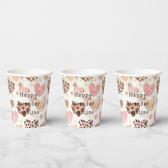 Gobelets En Papier Pink Cream Animal Hearts Gold Sparkle Birthday (Multi)