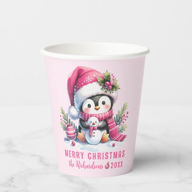 Gobelets En Papier Pink Festit mignon Pingouin Joyeux Noël (Recto)