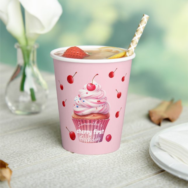 Gobelets En Papier Pink First Cherry & Cupcake Anniversaire (Insitu)