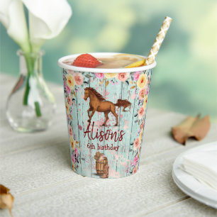 Gobelets En Papier Pink Floral Anniversaire Cheval fête d'anniversair