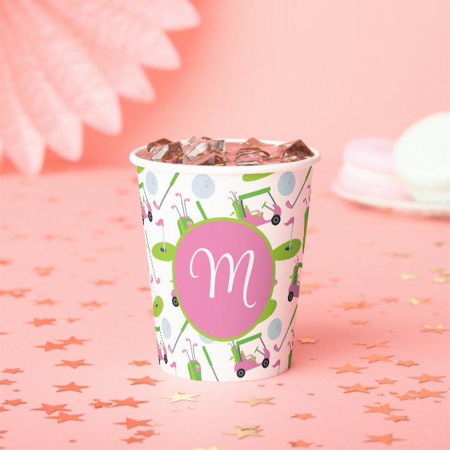 Gobelets En Papier Pink & Green Golf Personnalisé Monogramme (Insitu)