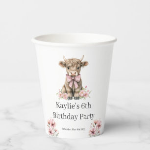 Gobelets En Papier Pink Highland Cow fête d'anniversaire