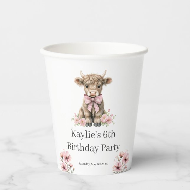 Gobelets En Papier Pink Highland Cow fête d'anniversaire (Recto)