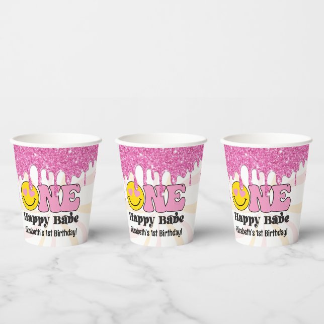 Gobelets En Papier Pink Orange Retro One Happy Babe 1er anniversaire (Multi)