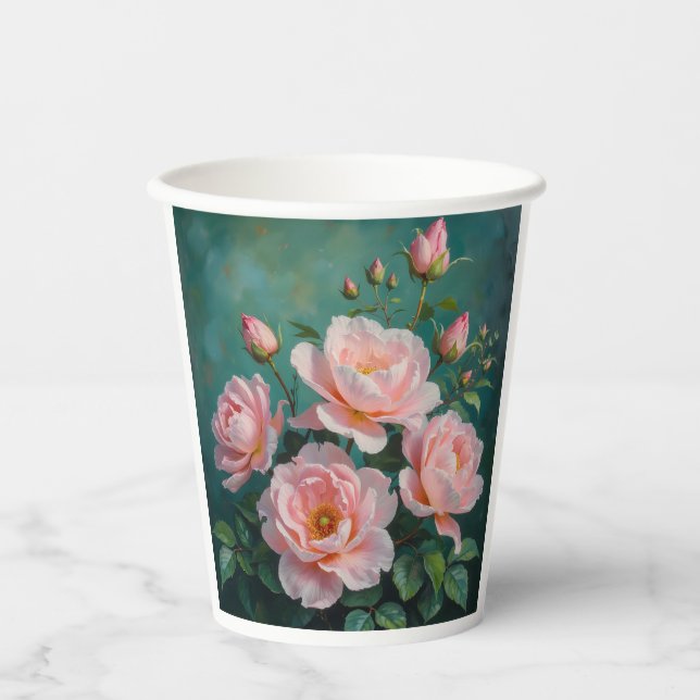 Gobelets En Papier Pink Peonies Artwork on Emerald Green (Recto)
