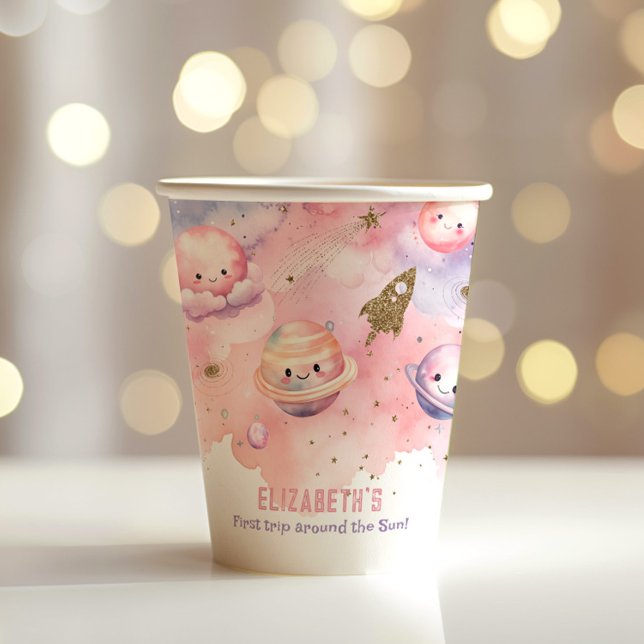 Gobelets En Papier Pink Premier voyage autour du soleil Space Girl an (Créateur téléchargé)