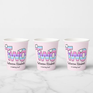 Gobelets En Papier Pink Purple Ombre Stripes Coeurs Deuxième Annivers