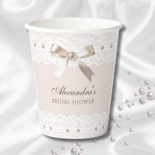Gobelets En Papier Pink Satin Bow Blanc Vintage dentelle Fête des mar