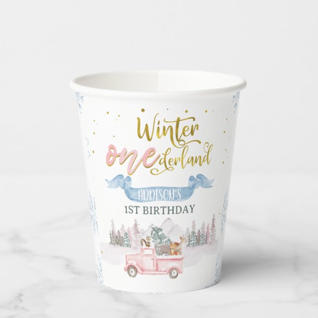 Gobelets En Papier Pink Truck Banner Winter Onederland Birthday Cups (Gauche)