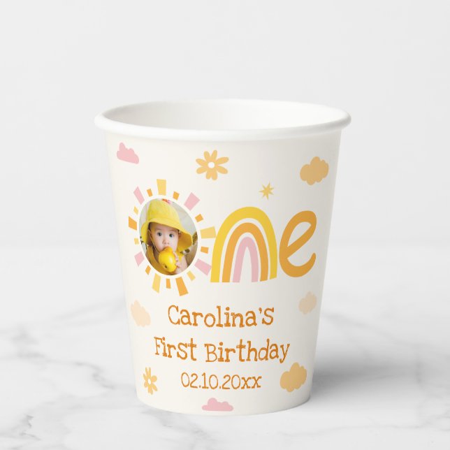Gobelets En Papier Pink Yellow One Soleil Anniversaire Fille Photo (Recto)