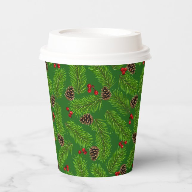 Gobelets En Papier Pins de Noël Feuilles, cônes et baies (Recto)