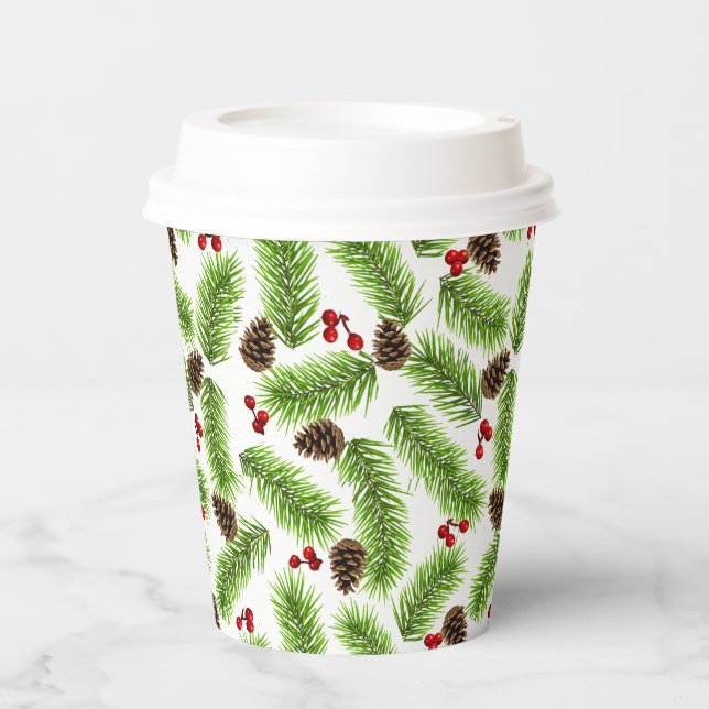 Gobelets En Papier Pins de Noël Feuilles, cônes et baies (Recto)