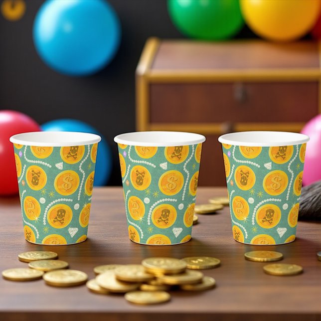 Gobelets En Papier Pirate Treasure Gold (Gold pirate coin party cups with pearls and gems, perfect for kids’ pirate birthdays and treasure hu)