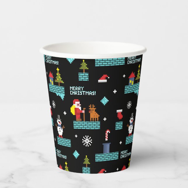 Gobelets En Papier Pixellit Joyeux Motif de Noël - Design rétro (Recto)