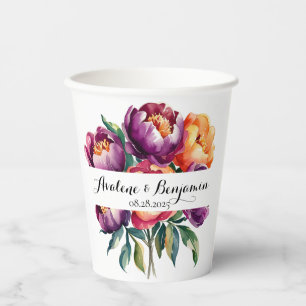 Gobelets En Papier Plum et orange Aquarelle Peony Bouquet Mariage