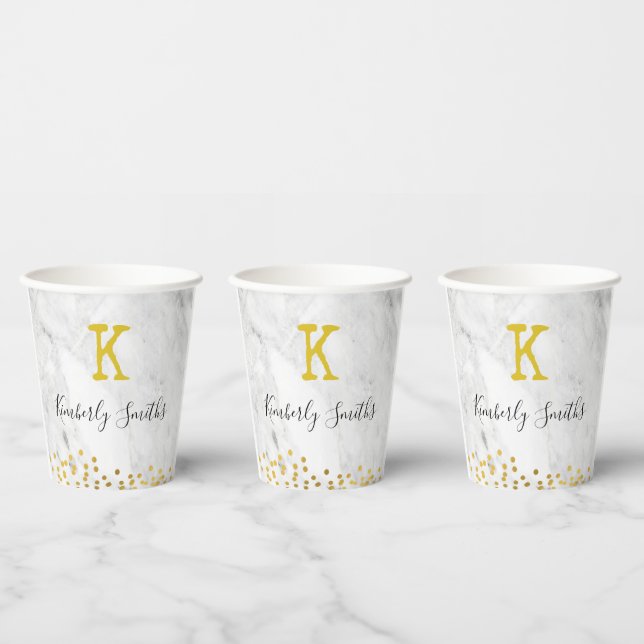Gobelets En Papier Points Monogram Gold sur Marbre (Multi)