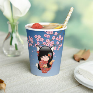 Gobelets En Papier Poupée Kitsune Kokeshi - Black Fox Geisha Girl