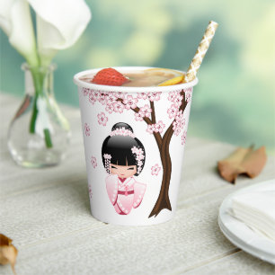 Gobelets En Papier Poupée Kokeshi Kimono Rose