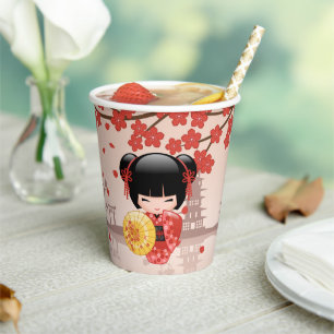 Gobelets En Papier Poupée rouge Sakura Kokeshi - Geisha japonais