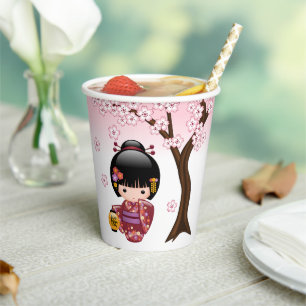 Gobelets En Papier Poupée Sakura Kokeshi - jolie fille japonaise Geis