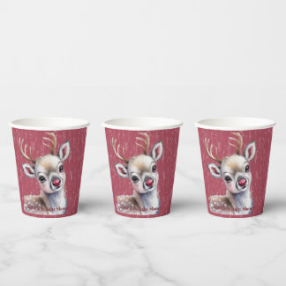 Gobelets En Papier Precious White Reindeer Red Shiny Nose Birthday