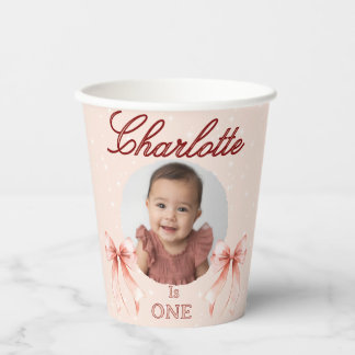 Gobelets En Papier Premier anniversaire avec un nœud rose !