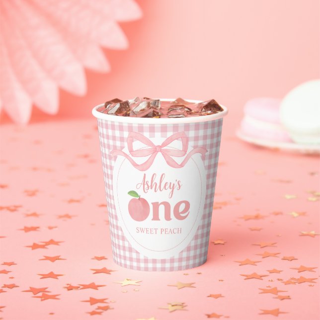 Gobelets En Papier Premier anniversaire de Peach En vichy rose (Insitu)