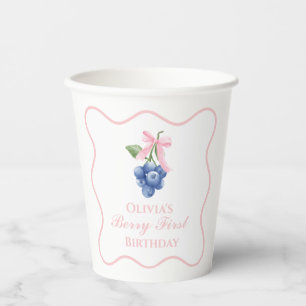 Gobelets En Papier Premier anniversaire myrtille Bleu Berry ruban ros