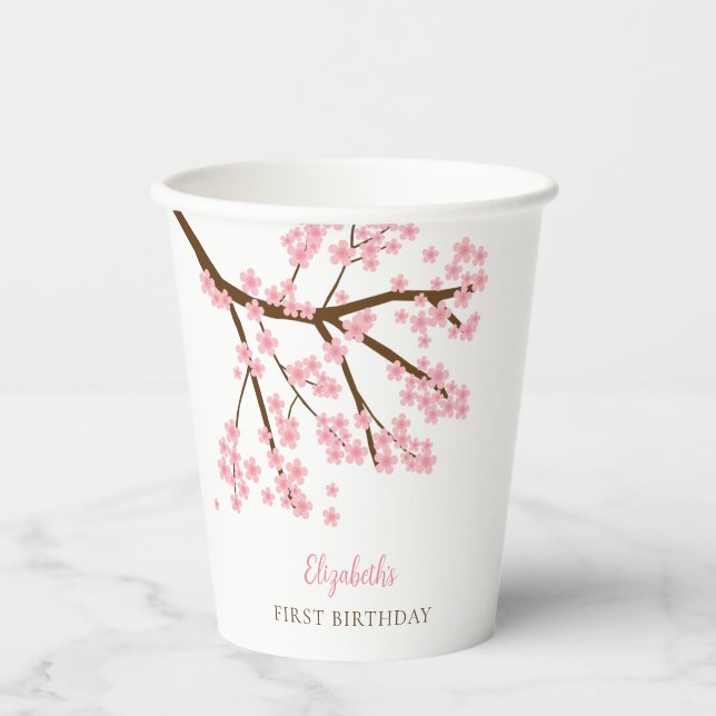 Gobelets En Papier Premier Anniversaire Printemps Cerise Fleurs Flora (Recto)