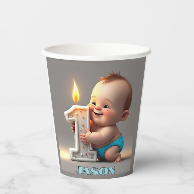 GOBELETS EN PAPIER " PREMIER BÉBÉ GARÇON D'ANNIVERSAIRE " (Recto)