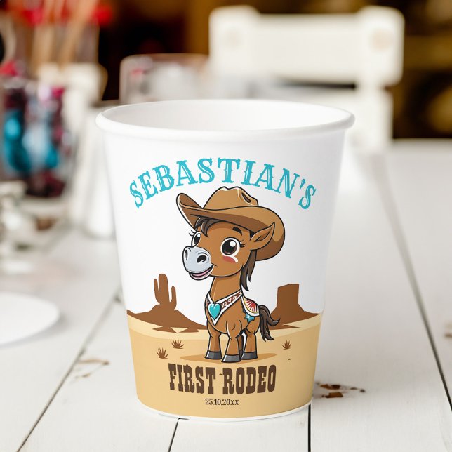 Gobelets En Papier Premier Rodéo cowboy cheval anniversaire fête vais (First Rodeo cute cowboy horse birthday party tableware personalized Paper Cups)