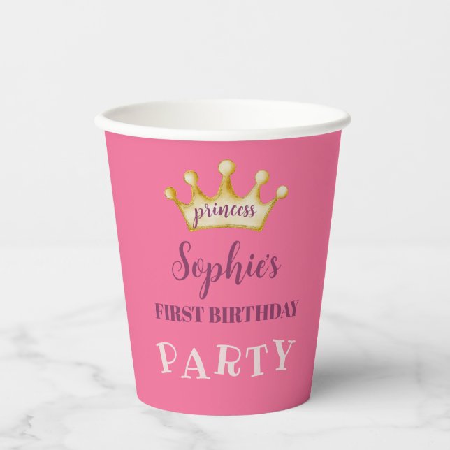 Gobelets En Papier Première fête d'anniversaire Rose & Gold Princesse (Recto)