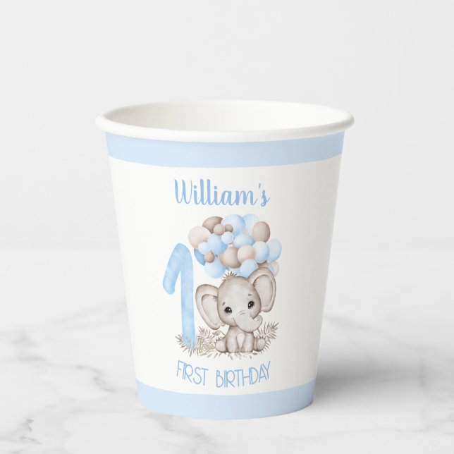 Gobelets En Papier Premières tasses d'anniversaire avec un bleu Eléph (Recto)