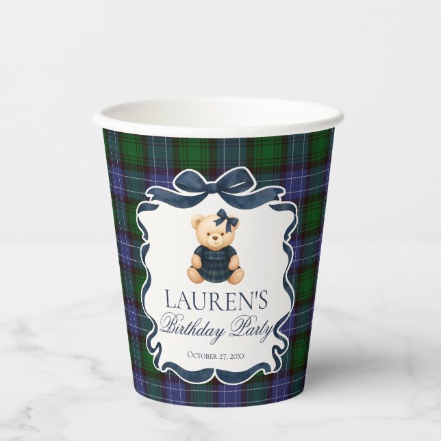 Gobelets En Papier Preppy Coquette Bow Bear Tartan Plaid Birthday (Recto)